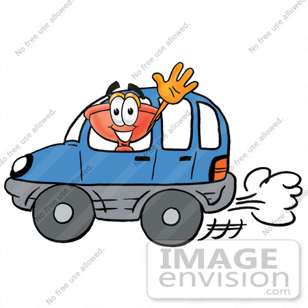 #26353 Clip Art Graphic of a Plumbing Toilet or Sink Plunger Cartoon Character Driving a Blue Car and Waving by toons4biz