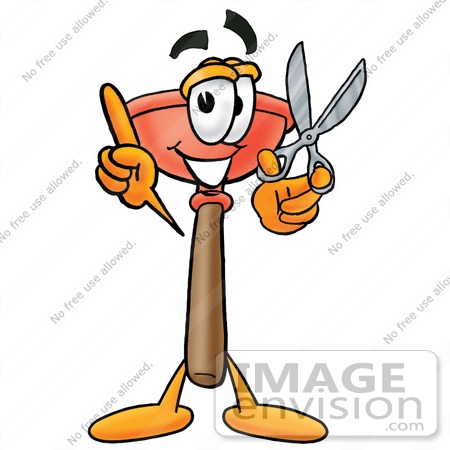 #26354 Clip Art Graphic of a Plumbing Toilet or Sink Plunger Cartoon Character Holding a Pair of Scissors by toons4biz