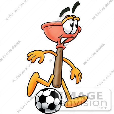 #26356 Clip Art Graphic of a Plumbing Toilet or Sink Plunger Cartoon Character Kicking a Soccer Ball by toons4biz