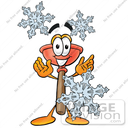 #26357 Clip Art Graphic of a Plumbing Toilet or Sink Plunger Cartoon Character With Three Snowflakes in Winter by toons4biz