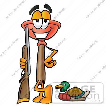 #26365 Clip Art Graphic of a Plumbing Toilet or Sink Plunger Cartoon Character Duck Hunting, Standing With a Rifle and Duck by toons4biz