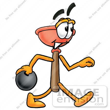 #26370 Clip Art Graphic of a Plumbing Toilet or Sink Plunger Cartoon Character Holding a Bowling Ball by toons4biz
