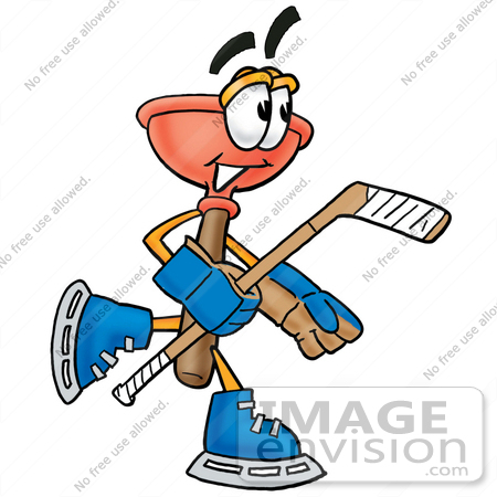 #26371 Clip Art Graphic of a Plumbing Toilet or Sink Plunger Cartoon Character Playing Ice Hockey by toons4biz