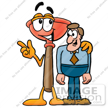 #26373 Clip Art Graphic of a Plumbing Toilet or Sink Plunger Cartoon Character Talking to a Business Man by toons4biz