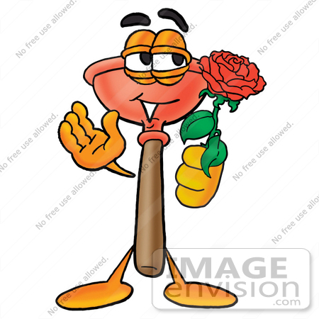 #26374 Clip Art Graphic of a Plumbing Toilet or Sink Plunger Cartoon Character Holding a Red Rose on Valentines Day by toons4biz