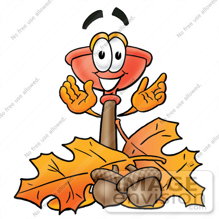 #26375 Clip Art Graphic of a Plumbing Toilet or Sink Plunger Cartoon Character With Autumn Leaves and Acorns in the Fall by toons4biz