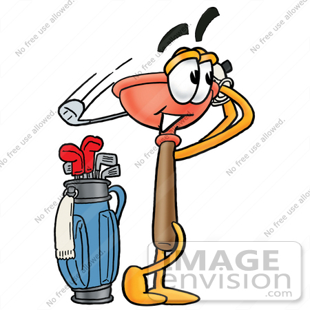#26376 Clip Art Graphic of a Plumbing Toilet or Sink Plunger Cartoon Character Swinging His Golf Club While Golfing by toons4biz