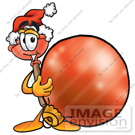 #26377 Clip Art Graphic of a Plumbing Toilet or Sink Plunger Cartoon Character Wearing a Santa Hat, Standing With a Christmas Bauble by toons4biz