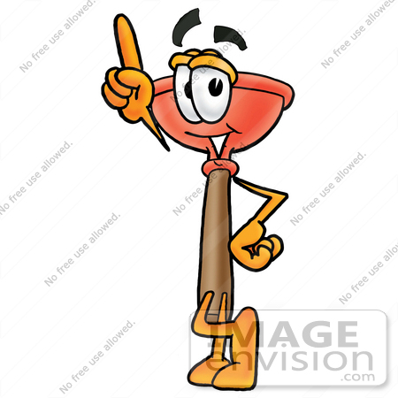 #26378 Clip Art Graphic of a Plumbing Toilet or Sink Plunger Cartoon Character Pointing Upwards by toons4biz