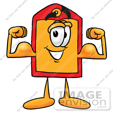 #26382 Clip Art Graphic of a Red and Yellow Sales Price Tag Cartoon Character Flexing His Arm Muscles by toons4biz