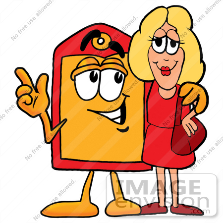 #26383 Clip Art Graphic of a Red and Yellow Sales Price Tag Cartoon Character Talking to a Pretty Blond Woman by toons4biz