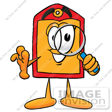 #26384 Clip Art Graphic of a Red and Yellow Sales Price Tag Cartoon Character Looking Through a Magnifying Glass by toons4biz