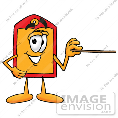 #26385 Clip Art Graphic of a Red and Yellow Sales Price Tag Cartoon Character Holding a Pointer Stick by toons4biz