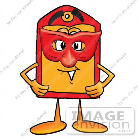#26386 Clip Art Graphic of a Red and Yellow Sales Price Tag Cartoon Character Wearing a Red Mask Over His Face by toons4biz