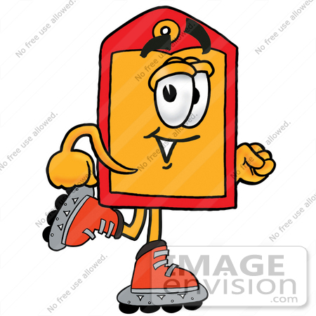#26387 Clip Art Graphic of a Red and Yellow Sales Price Tag Cartoon Character Roller Blading on Inline Skates by toons4biz
