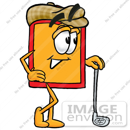 #26388 Clip Art Graphic of a Red and Yellow Sales Price Tag Cartoon Character Leaning on a Golf Club While Golfing by toons4biz