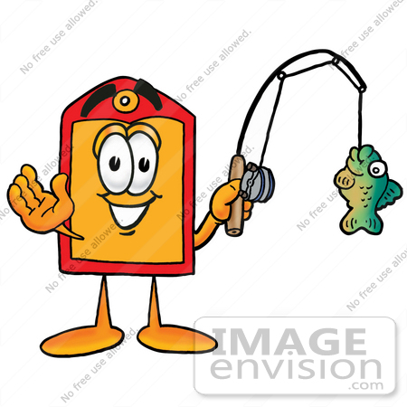 #26389 Clip Art Graphic of a Red and Yellow Sales Price Tag Cartoon Character Holding a Fish on a Fishing Pole by toons4biz