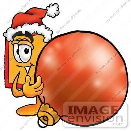#26390 Clip Art Graphic of a Red and Yellow Sales Price Tag Cartoon Character Wearing a Santa Hat, Standing With a Christmas Bauble by toons4biz