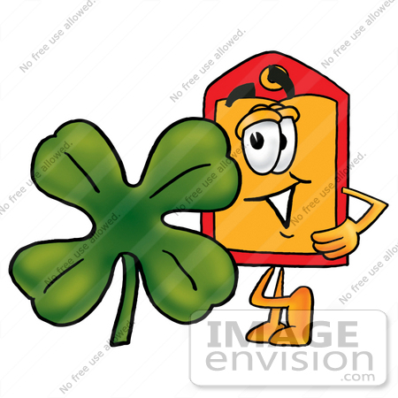 #26391 Clip Art Graphic of a Red and Yellow Sales Price Tag Cartoon Character With a Green Four Leaf Clover on St Paddy’s or St Patricks Day by toons4biz