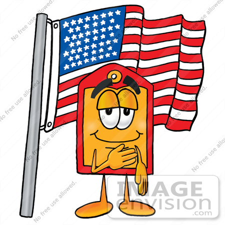 #26393 Clip Art Graphic of a Red and Yellow Sales Price Tag Cartoon Character Pledging Allegiance to an American Flag by toons4biz