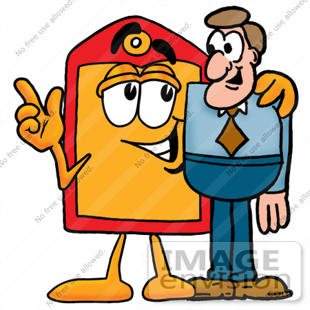 #26394 Clip Art Graphic of a Red and Yellow Sales Price Tag Cartoon Character Talking to a Business Man by toons4biz