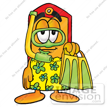 #26396 Clip Art Graphic of a Red and Yellow Sales Price Tag Cartoon Character in Green and Yellow Snorkel Gear by toons4biz