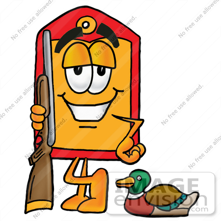 #26397 Clip Art Graphic of a Red and Yellow Sales Price Tag Cartoon Character Duck Hunting, Standing With a Rifle and Duck by toons4biz