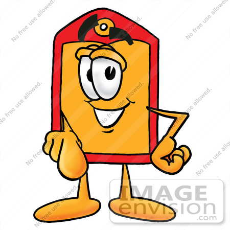 #26398 Clip Art Graphic of a Red and Yellow Sales Price Tag Cartoon Character Pointing at the Viewer by toons4biz