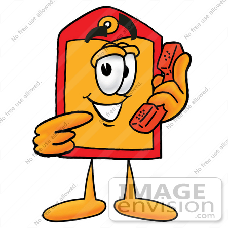 #26400 Clip Art Graphic of a Red and Yellow Sales Price Tag Cartoon Character Holding a Telephone by toons4biz