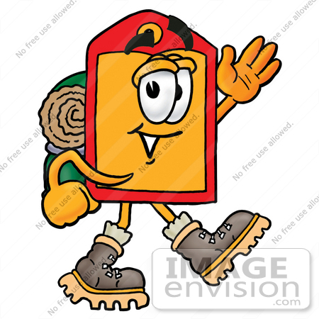 #26401 Clip Art Graphic of a Red and Yellow Sales Price Tag Cartoon Character Hiking and Carrying a Backpack by toons4biz