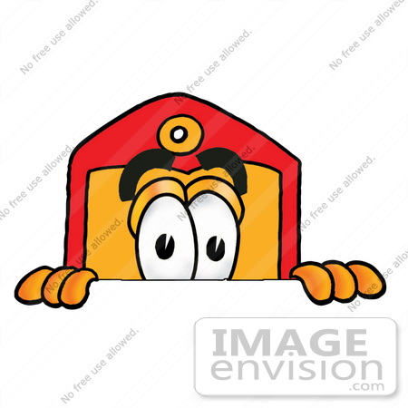 #26403 Clip Art Graphic of a Red and Yellow Sales Price Tag Cartoon Character Peeking Over a Surface by toons4biz