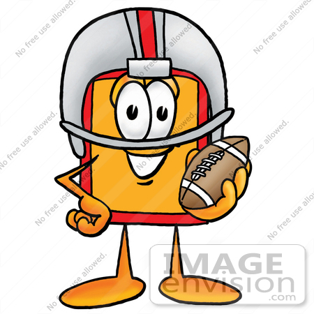 #26404 Clip Art Graphic of a Red and Yellow Sales Price Tag Cartoon Character in a Helmet, Holding a Football by toons4biz