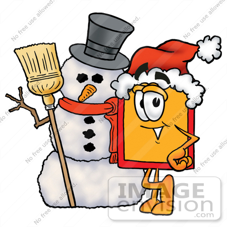 #26405 Clip Art Graphic of a Red and Yellow Sales Price Tag Cartoon Character With a Snowman on Christmas by toons4biz