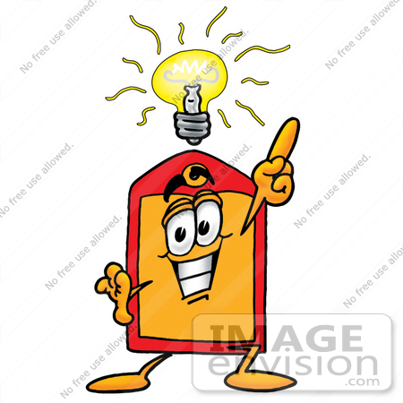 #26406 Clip Art Graphic of a Red and Yellow Sales Price Tag Cartoon Character With a Bright Idea by toons4biz