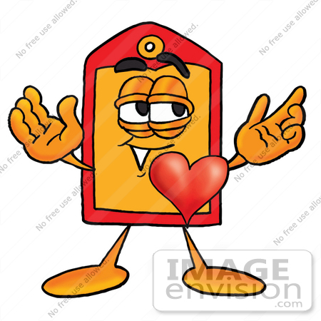 #26408 Clip Art Graphic of a Red and Yellow Sales Price Tag Cartoon Character With His Heart Beating Out of His Chest by toons4biz