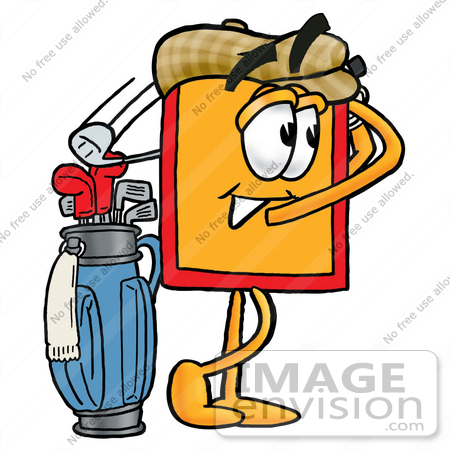 #26409 Clip Art Graphic of a Red and Yellow Sales Price Tag Cartoon Character Swinging His Golf Club While Golfing by toons4biz