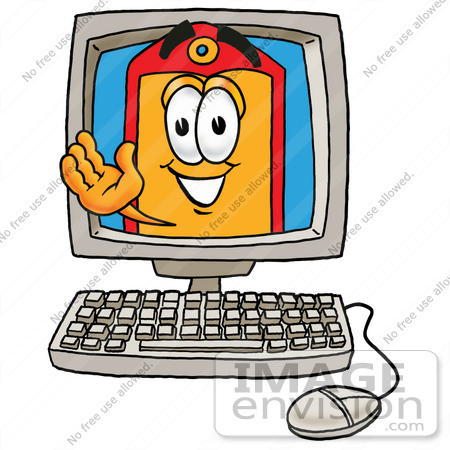 #26410 Clip Art Graphic of a Red and Yellow Sales Price Tag Cartoon Character Waving From Inside a Computer Screen by toons4biz