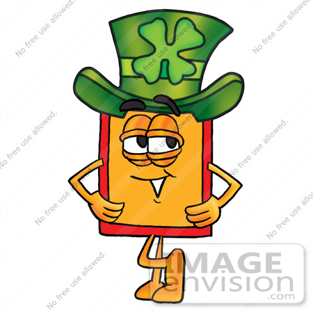 #26411 Clip Art Graphic of a Red and Yellow Sales Price Tag Cartoon Character Wearing a Saint Patricks Day Hat With a Clover on it by toons4biz