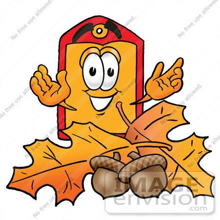 #26412 Clip Art Graphic of a Red and Yellow Sales Price Tag Cartoon Character With Autumn Leaves and Acorns in the Fall by toons4biz