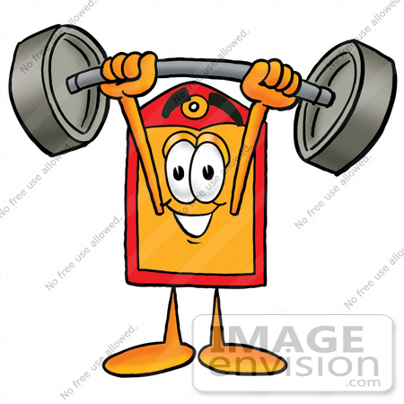 #26413 Clip Art Graphic of a Red and Yellow Sales Price Tag Cartoon Character Holding a Heavy Barbell Above His Head by toons4biz