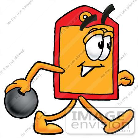 #26415 Clip Art Graphic of a Red and Yellow Sales Price Tag Cartoon Character Holding a Bowling Ball by toons4biz