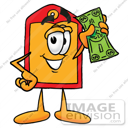 #26417 Clip Art Graphic of a Red and Yellow Sales Price Tag Cartoon Character on a Dollar Bill by toons4biz