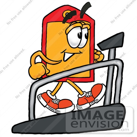 #26418 Clip Art Graphic of a Red and Yellow Sales Price Tag Cartoon Character Walking on a Treadmill in a Fitness Gym by toons4biz