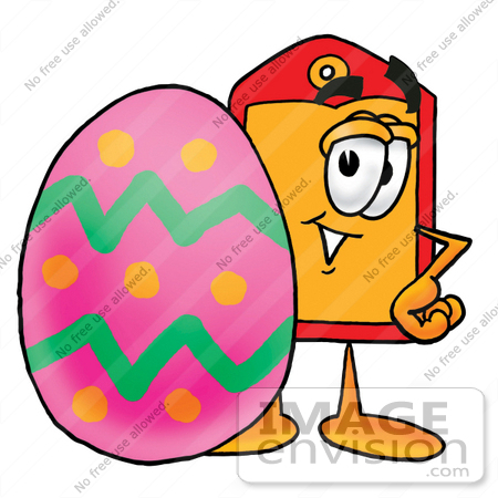 #26420 Clip Art Graphic of a Red and Yellow Sales Price Tag Cartoon Character Standing Beside an Easter Egg by toons4biz