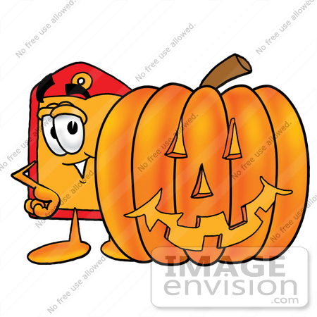 #26421 Clip Art Graphic of a Red and Yellow Sales Price Tag Cartoon Character With a Carved Halloween Pumpkin by toons4biz