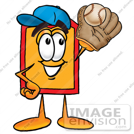 #26422 Clip Art Graphic of a Red and Yellow Sales Price Tag Cartoon Character Catching a Baseball With a Glove by toons4biz