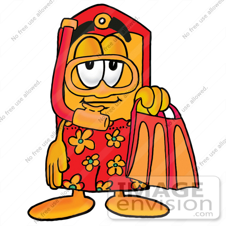 #26426 Clip Art Graphic of a Red and Yellow Sales Price Tag Cartoon Character in Orange and Red Snorkel Gear by toons4biz
