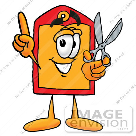 #26428 Clip Art Graphic of a Red and Yellow Sales Price Tag Cartoon Character Holding a Pair of Scissors by toons4biz