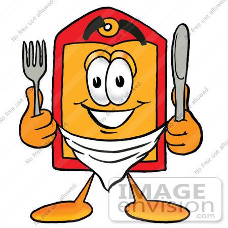 #26429 Clip Art Graphic of a Red and Yellow Sales Price Tag Cartoon Character Holding a Knife and Fork by toons4biz