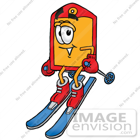 #26433 Clip Art Graphic of a Red and Yellow Sales Price Tag Cartoon Character Skiing Downhill by toons4biz